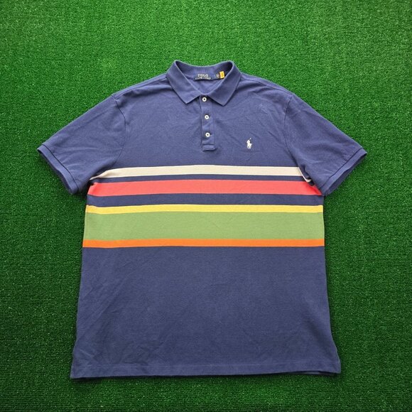 Polo Ralph Lauren Polo Shirt Mens Large Blue Striped Short Sleeve Golf Preppy - Picture 1 of 6